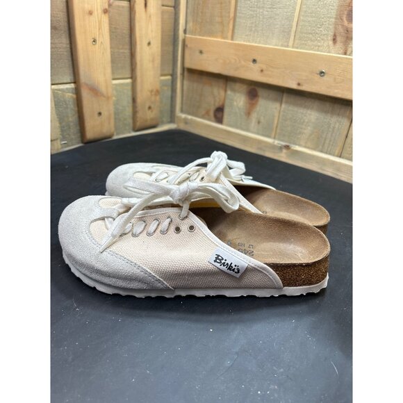 Birkis Womens Canvas & Suede Slip-On Sneaker Shoes Beige Size 7 EU38 Cork Sole - Picture 6 of 9